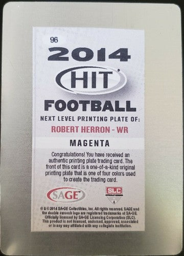 ROBERT HERRON 2014 SAGE HIT Next Level PRINTING PLATE #1/1 of 1 Buccaneers Bucs