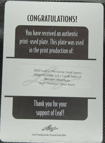 Steve NASH Isiah THOMAS 2020-21 Leaf In The Game Used PRINTING PLATE #1/1 Isaiah