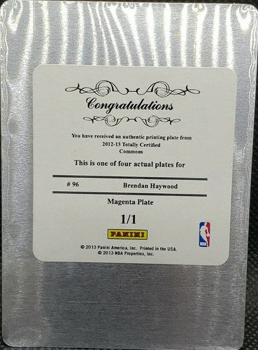BRENDAN HAYWOOD 2012-13 Panini Totally Certified PRINTING PLATE #1/1 Bobcats of