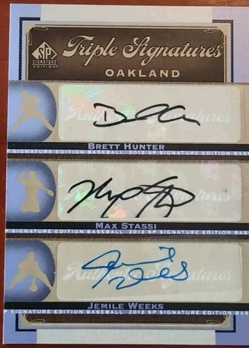 Max STASSI Jemile WEEKS Brett HUNTER 2012 SP Signature TRIPLE AUTO Oakland A's