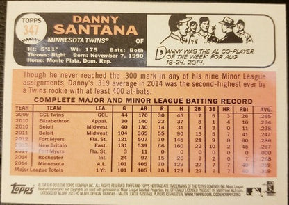 DANNY SANTANA 2015 Topps Heritage SP Gum Stain Back Variation All Star RC Twins