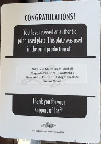 KELLEN MOND 2021 Leaf Metal Draft Portrait AUTO PRINTING PLATE SP 1/1 Vikings of