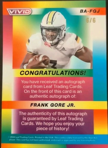 FRANK GORE JR. 2024 Leaf Vivid AUTO WHITE PRISMATIC SP #6/6 Bills Southern Miss
