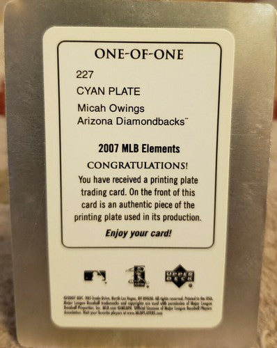 MICAH OWINGS 2007 Upper Deck MLB Elements RC PRINTING PLATE SP #1/1 Diamondbacks