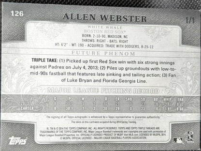 ALLEN WEBSTER 2014 Triple Threads AUTO LOGO PATCH PRINTING PLATE SP #1/1 Red Sox