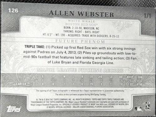 ALLEN WEBSTER 2014 Triple Threads AUTO LOGO PATCH PRINTING PLATE SP #1/1 Red Sox