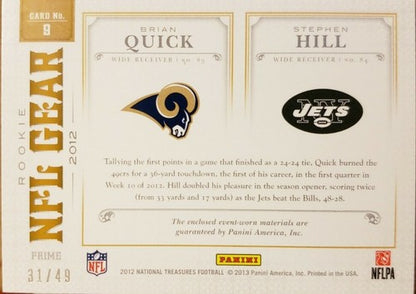 Brian QUICK Stephen HILL 2012 National Treasures Dual Jersey LAUNDRY TAG PATCH #