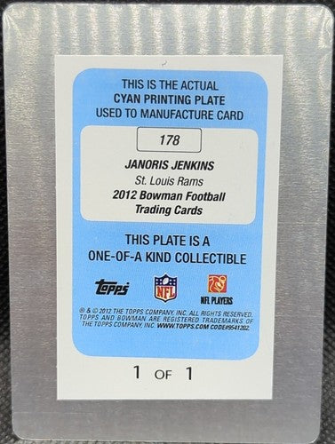 JANORIS JENKINS 2012 Topps Bowman RC PRINTING PLATE SP #1/1 Rams Giants One of