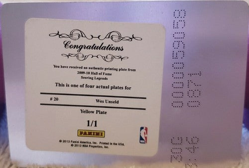 WES UNSELD 2009-10 Panini Hall of Fame PRINTING PLATE SP #1/1 Bullets HoF One of