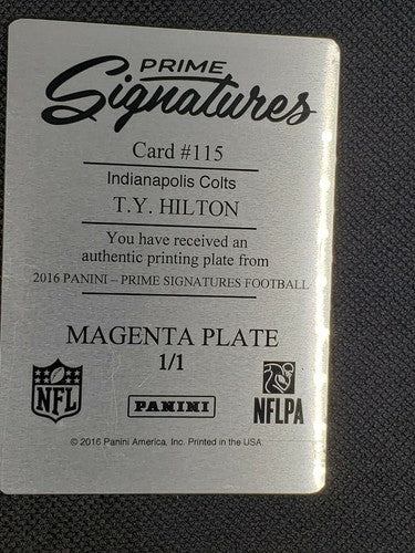 T.Y. HILTON 2016 Panini Prime Signatures Magenta Printing Plate SP #1/1 Colts Ty