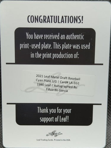 EDUARDO GARCIA 2021 Leaf Metal Draft RC AUTO PRINTING PLATE #1/1 Brewers One of