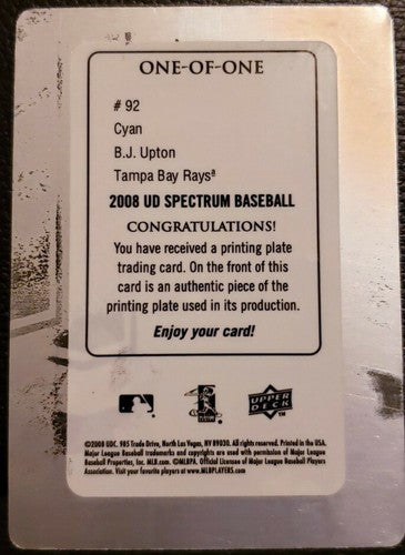 B. J. MELVIN UPTON JR 2008 Upper Deck UD Spectrum PRINTING PLATE #1/1 TB Rays BJ