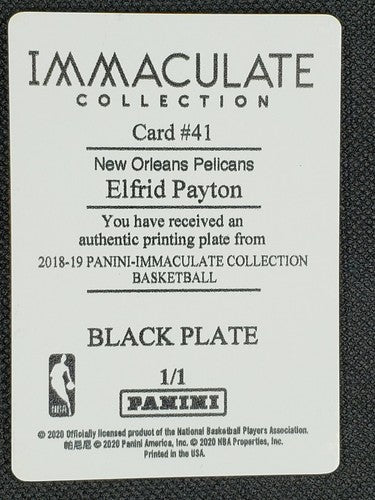 ELFRID PAYTON 2018-19 Panini Immaculate PRINTING PLATE SP #1/1 Pelicans One of