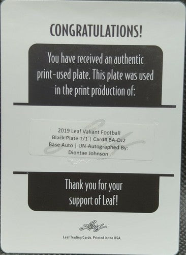 DIONTAE JOHNSON 2019 Leaf Valiant RC PRINTING PLATE #1/1 Steelers Toledo One of