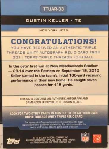 DUSTIN KELLER 2011 Topps Triple Threads Unity DUAL RC AUTO JERSEY Relic /90 Jets