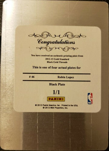 ROBIN LOPEZ 2012-13 Panini Gold Standard Black PRINTING PLATE #1/1 Hornets Bucks