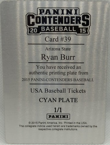 RYAN BURR 2015 Panini Contenders RC AUTO PRINTING PLATE SP 1/1 White Sox Rays of