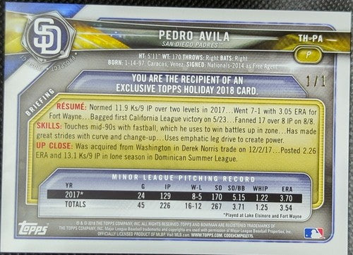 PEDRO AVILA 2018 Bowman Topps Holiday GOLD 1st RC SP 1/1 San Diego Padres One of