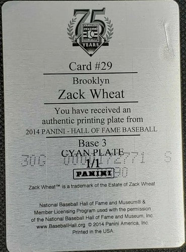 ZACK WHEAT 2014 Panini Hall of Fame HOF PRINTING PLATE SP #1/1 Brooklyn Dodgers