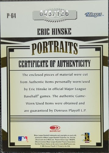 ERIC HINSKE 2005 Prime Patches TRIPLE JERSEY FIELDING GLOVE LACE HOLE SHOE #/126