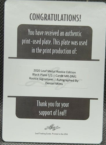 DENZEL MIMS 2020 Leaf Metal RC Signatures PRINTING PLATE SP #1/1 NY Jets One of