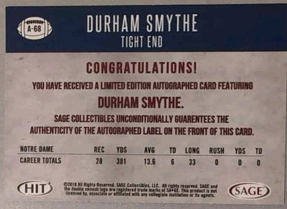 DURHAM SMYTHE 2018 SAGE HIT Premier Draft RC AUTO SP Dolphins Notre Dame #A-68