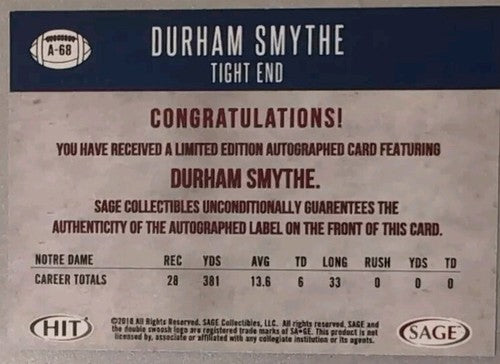 DURHAM SMYTHE 2018 SAGE HIT Premier Draft RC AUTO SP Dolphins Notre Dame #A-68