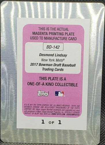 DESMOND LINDSAY 2017 Topps Bowman Draft RC PRINTING PLATE SP #1/1 NY Mets One of
