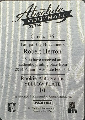 ROBERT HERRON 2014 Panini Absolute RC DUAL AUTO PRINTING PLATE SP 1/1 Buccaneers