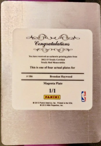 BRENDAN HAYWOOD 2012-13 National Treasures PRINTING PLATE SP #1/1 of 1 Mavericks