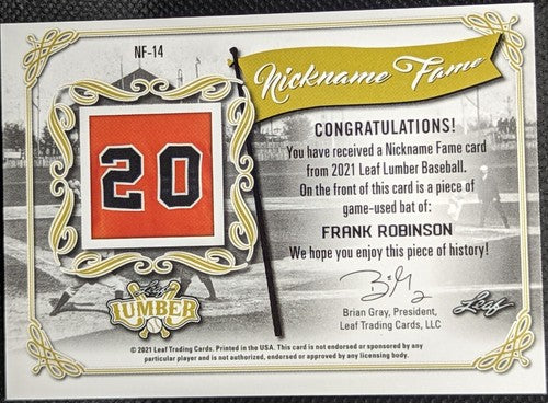 ð´ FRANK ROBINSON 2021 Leaf Lumber Nickname Judge Game Used BAT #/7 Orioles Reds