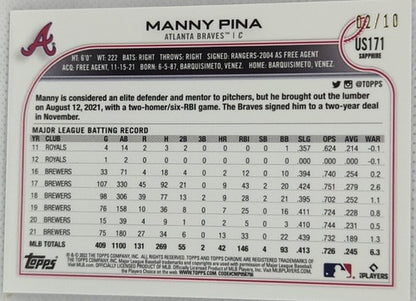 MANNY PINA 2022 Topps Chrome Update Sapphire PURPLE Refractor SP #/10 Braves A's