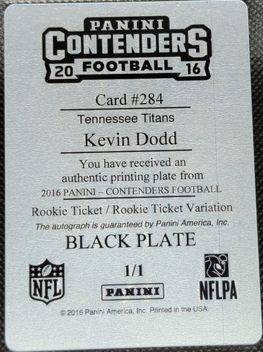 KEVIN DODD 2016 Panini Contenders RC AUTO PRINTING PLATE SP #1/1 Titans One of