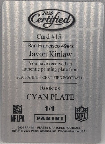 JAVON KINLAW 2020 Panini Certified RC PRINTING PLATE SP #1/1 49ers Niners One of