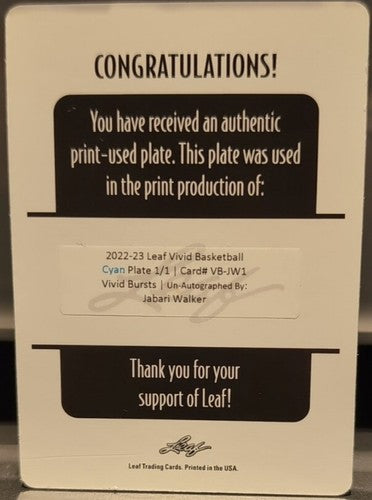 JABARI WALKER 2022-23 Leaf Vivid Bursts RC PRINTING PLATE SP #1/1 Trail Blazers
