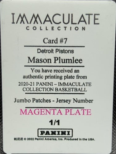 MASON PLUMLEE 2020-21 Panini Immaculate Jumbo PRINTING PLATE 1/1 Pistons Hornets