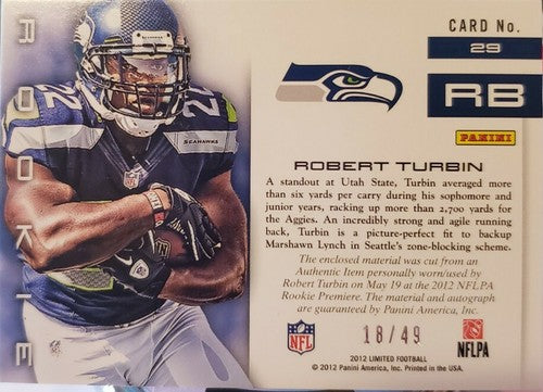 ROBERT TURBIN 2012 Panini Limited Dual Jumbo Rookie Jersey AUTO SP #/49 Seahawks