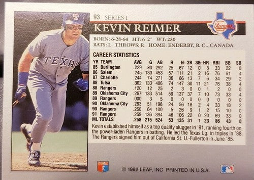 KEVIN REIMER 2014 Leaf Memories 1992 Buy Backs #1/1 of 1 Texas Rangers Buybacks