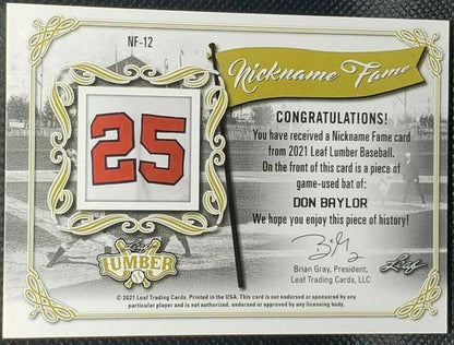 DON BAYLOR 2021 Leaf Lumber Nickname Fame Game Used BAT Relic Green #4/4 Angels
