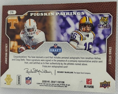 Craig STELTZ Jonathan HEFNEY 2008 UD NFL Draft DUAL RC AUTO Gold #2/10 Bears LSU