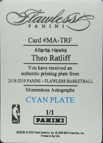 THEO RATLIFF 2018-19 Panini Flawless Momentous PRINTING PLATE #1/1 Hawks One of