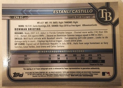 ESTANLI CASTILLO 2022 Topps Bowman Chrome RC Prospect 1st AUTO Tampa Bay Rays SP
