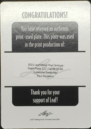 PAUL REUBENS 2021 Leaf Pop Century Celebrity PRINTING PLATE #1/1 Pee-Wee Herman