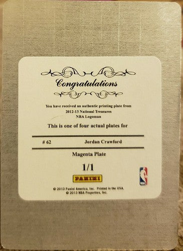 JORDAN CRAWFORD 2012-13 National Treasures NBA Logoman PRINTING PLATE SP #1/1 of