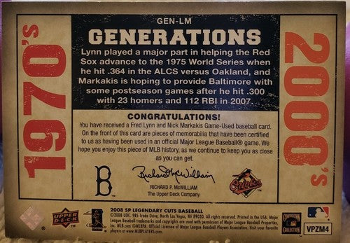 Fred LYNN Nick MARKAKIS 2008 SP Legendary Cuts Dual Game Used Worn Jersey Relic
