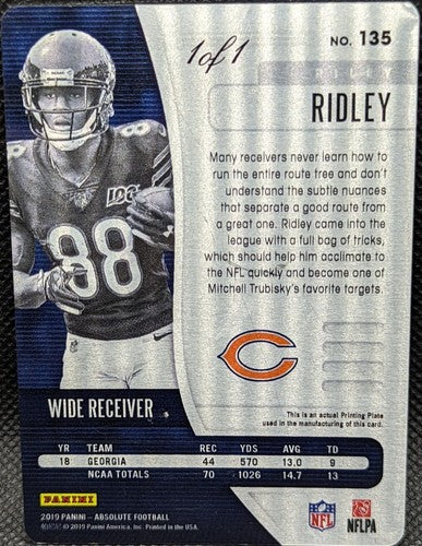 RILEY RIDLEY 2019 Panini Absolute RC PRINTING PLATE SP #1/1 Bears Georgia One of