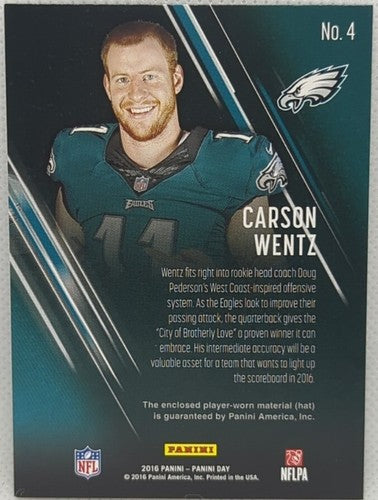 CARSON WENTZ 2016 Panini Day RC HAT LAUNDRY TAG PATCH SP Eagles Chiefs Vikings
