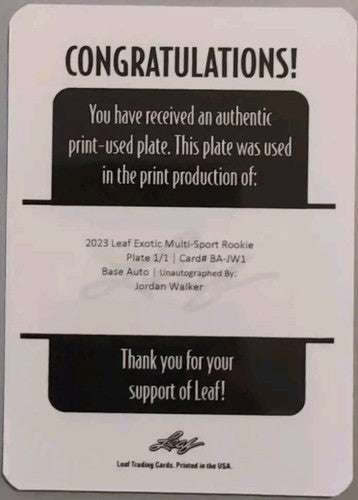 JORDAN WALKER 2023 Leaf Exotic Multi-Sport RC PRINTING PLATE SP #1/1 Cardinals