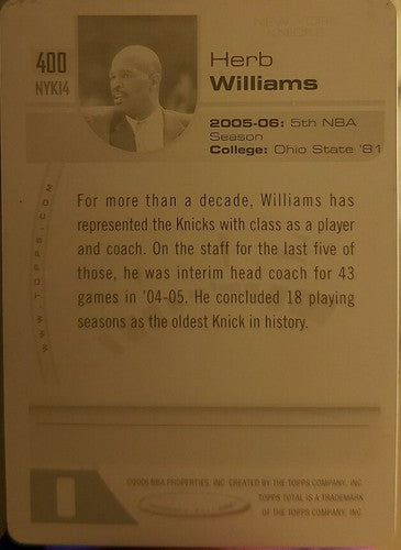 HERB WILLIAMS 2005-06 Topps Total Back Black PRINTING PLATE SP #1/1 of 1 Knicks