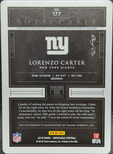 LORENZO CARTER 2018 Panini Impeccable RC AUTO PRINTING PLATE #1/1 Giants One of